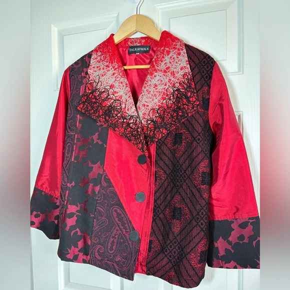 Patchwork Jacket Blazer Medium Black Red Wearable Art to Wear Holiday Valentine - Picture 4 of 9